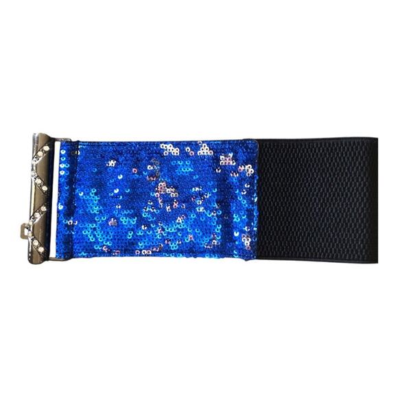 Oker NIP Women’s Blue Silver Sequin Elastic Waistband Rhinestones Buckle Belt - Picture 6 of 16